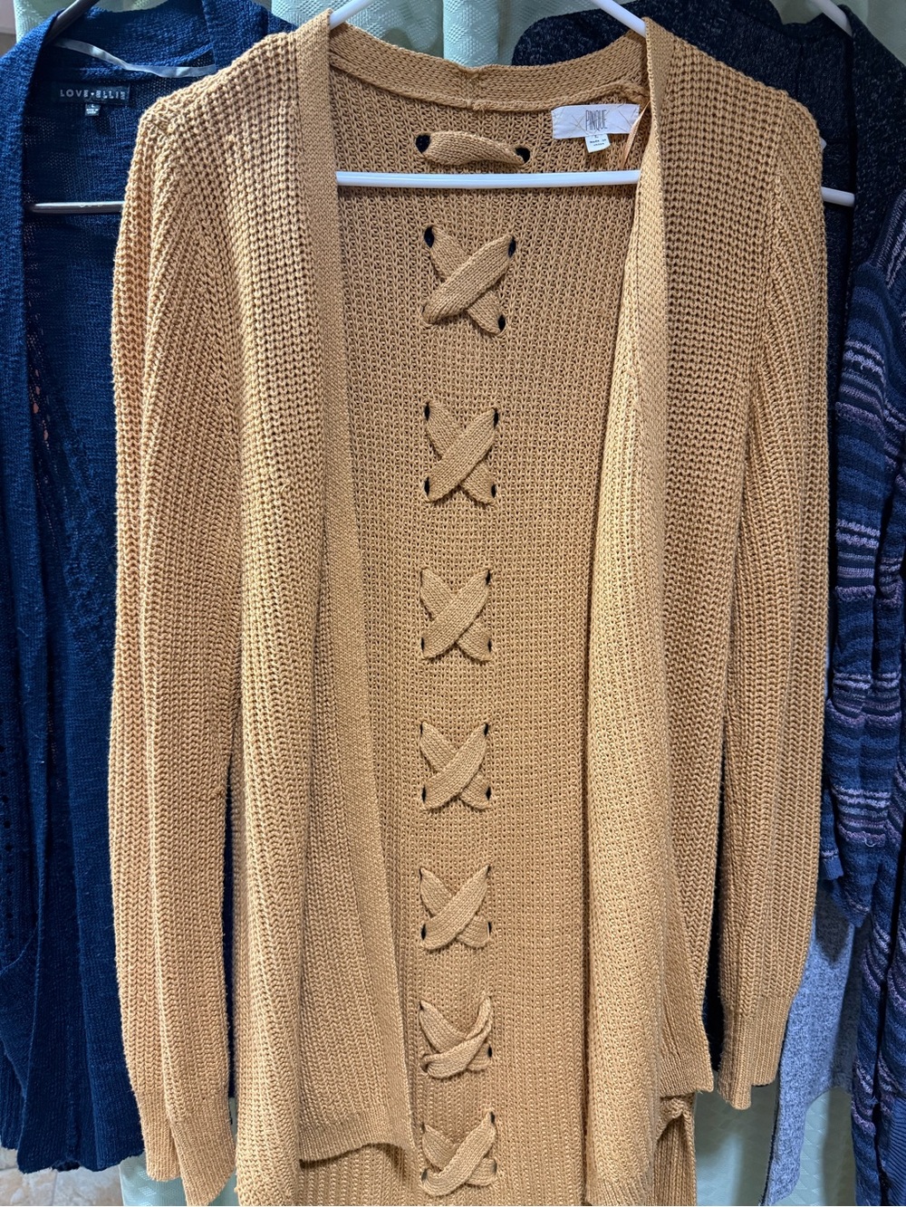 Love Tree Tan Open-Front Lace-Up Knit Cardigan